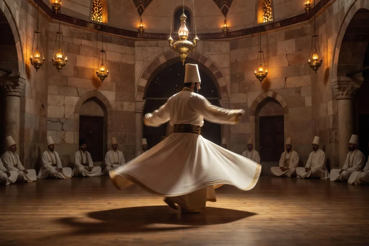 Derviche tourneur en robe blanche pendant une cérémonie soufie traditionnelle dans un tekke anatolien