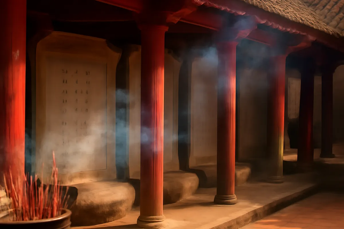 Village vietnamien traditionnel au bord d'une rivière, maisons sur pilotis et pont de bambou, brume matinale sur les collines