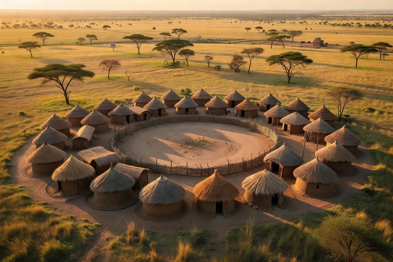 Vue panoramique de la savane africaine au lever du jour avec acacia parasol majestueux silhouetté contre un ciel rose et orangé, herbes hautes dorées