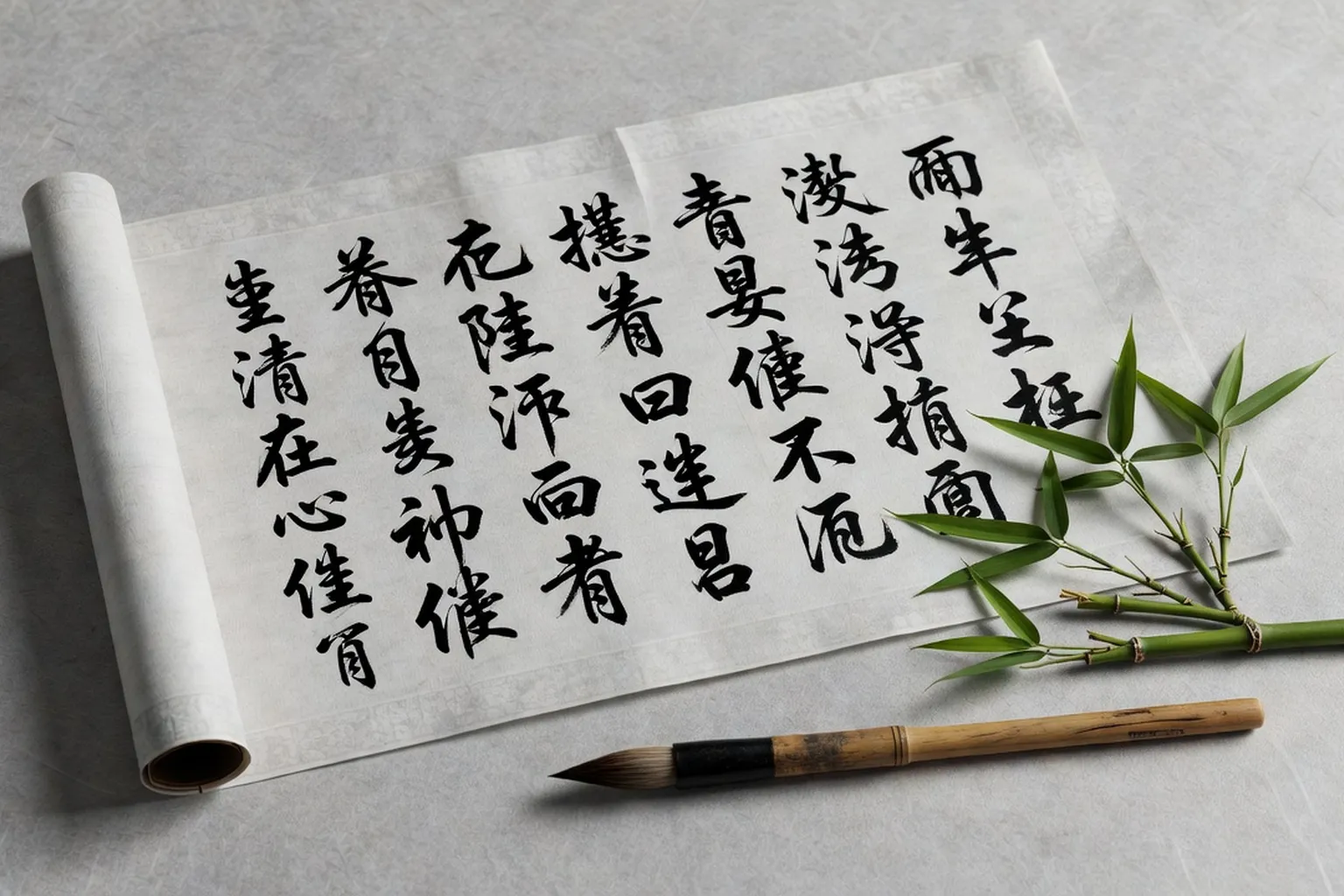 Rouleau de calligraphie chinoise Tao Te King avec encre noire pinceau et bambou