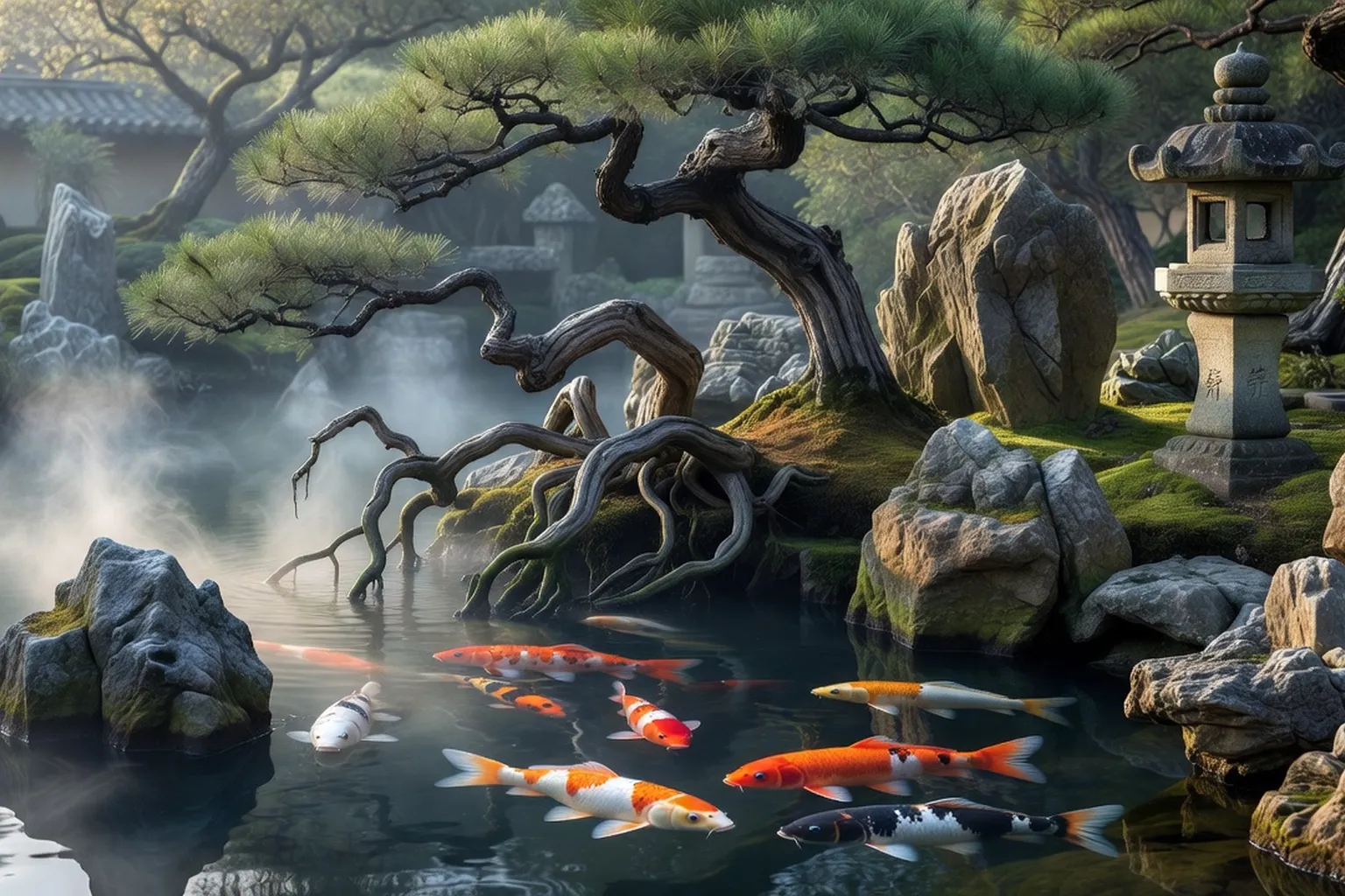 Jardin chinois zen avec étang carpe koi rocailles et pin tortueux dans la brume