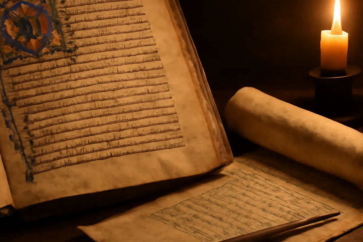 Manuscrit ancien enluminé et parchemin avec calame, évoquant les littératures antiques et médiévales du monde