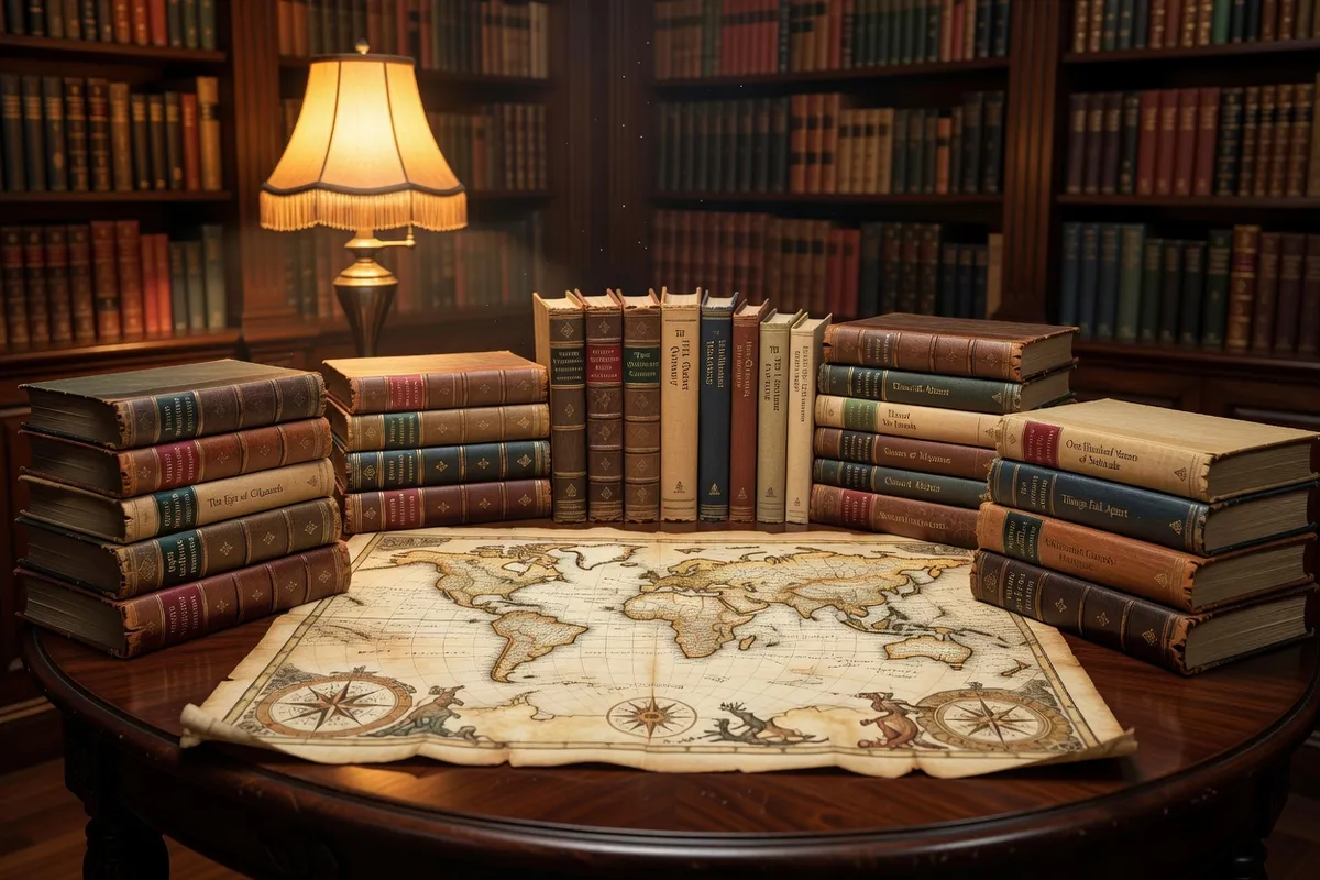 Carte du monde ancienne entourée de livres reliés de différentes traditions littéraires, symbolisant la littérature mondiale par continent