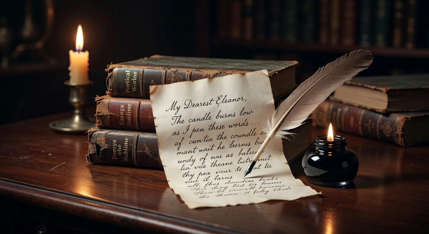 Livres anciens reliés cuir avec plume d'oie et encrier en verre, lettre manuscrite entamée sur bois sombre