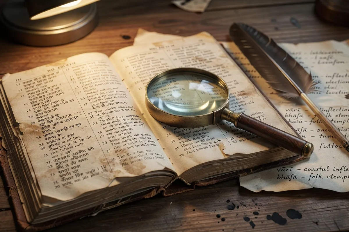 Vieux dictionnaire de langue régionale ouvert avec loupe, plume et notes manuscrites sur les dialectes de France