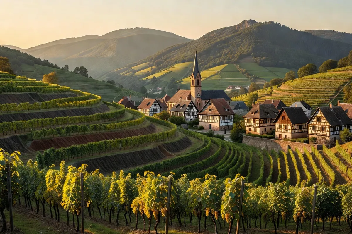 Vignoble alsacien en terrasses au-dessus d'un village à colombages avec collines des Vosges et clocher en arrière-plan