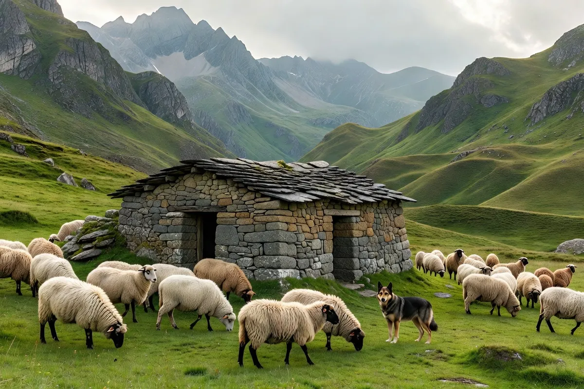 Berger basque conduisant un troupeau de brebis manech sur un col verdoyant des Pyrénées avec brume matinale
