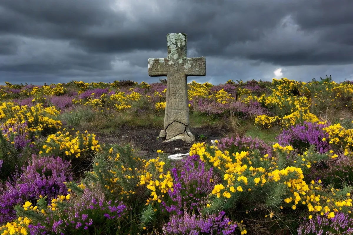 Lande bretonne couverte d'ajoncs jaunes et de bruyère mauve avec calvaire de granit ancien et ciel chargé de nuages