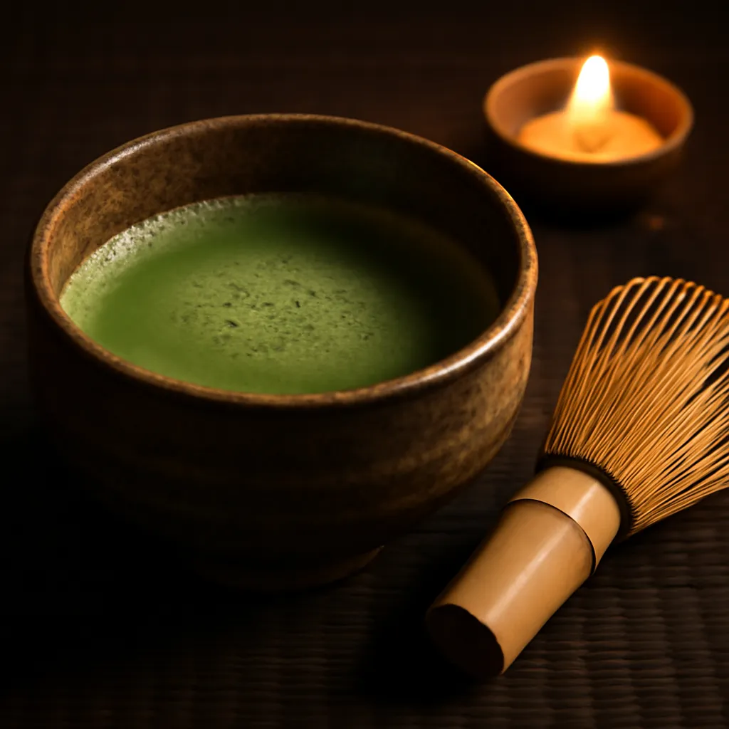 Cérémonie du thé japonaise avec bol en céramique sombre et tatami, atmosphère contemplative