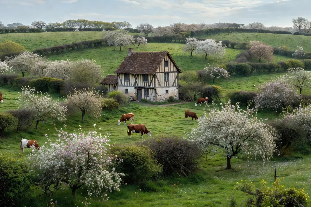 Bocage normand au printemps avec pommiers en fleurs, vaches normandes dans un pré clos de haies et longère à colombages