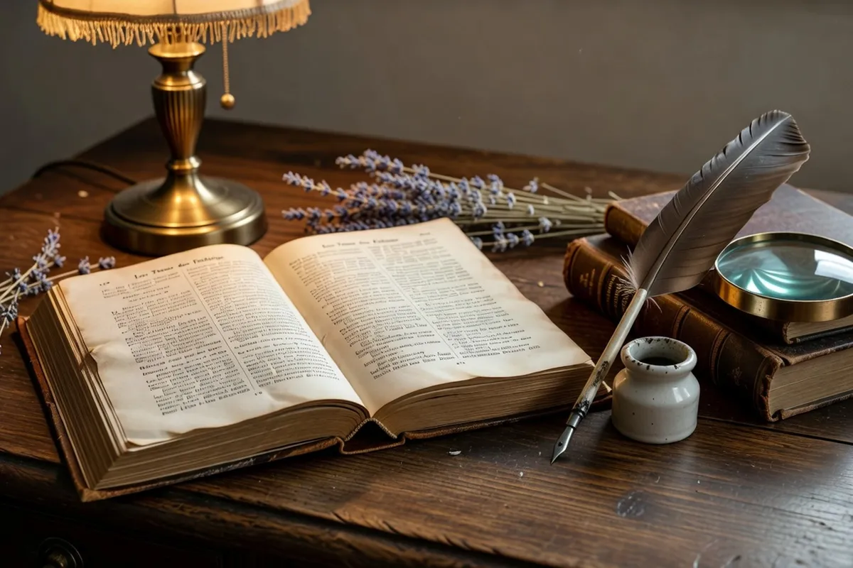 Anciens volumes reliés du Trésor du Félibrige de Frédéric Mistral ouverts sur une table en bois avec loupe de lecture