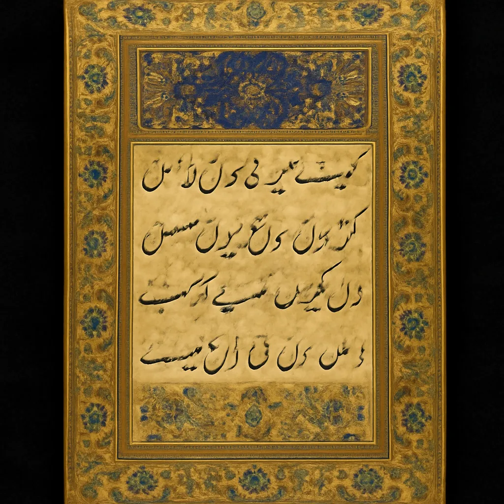 Page de manuscrit persan enluminé avec calligraphie nastaliq et bordures florales en or et lapis-lazuli