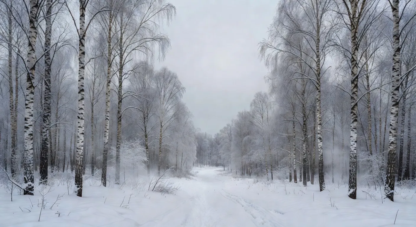 Paysage russe hivernal avec birouleau blancs dans la neige, ciel gris perle et forêt en perspective, ambiance contemplative
