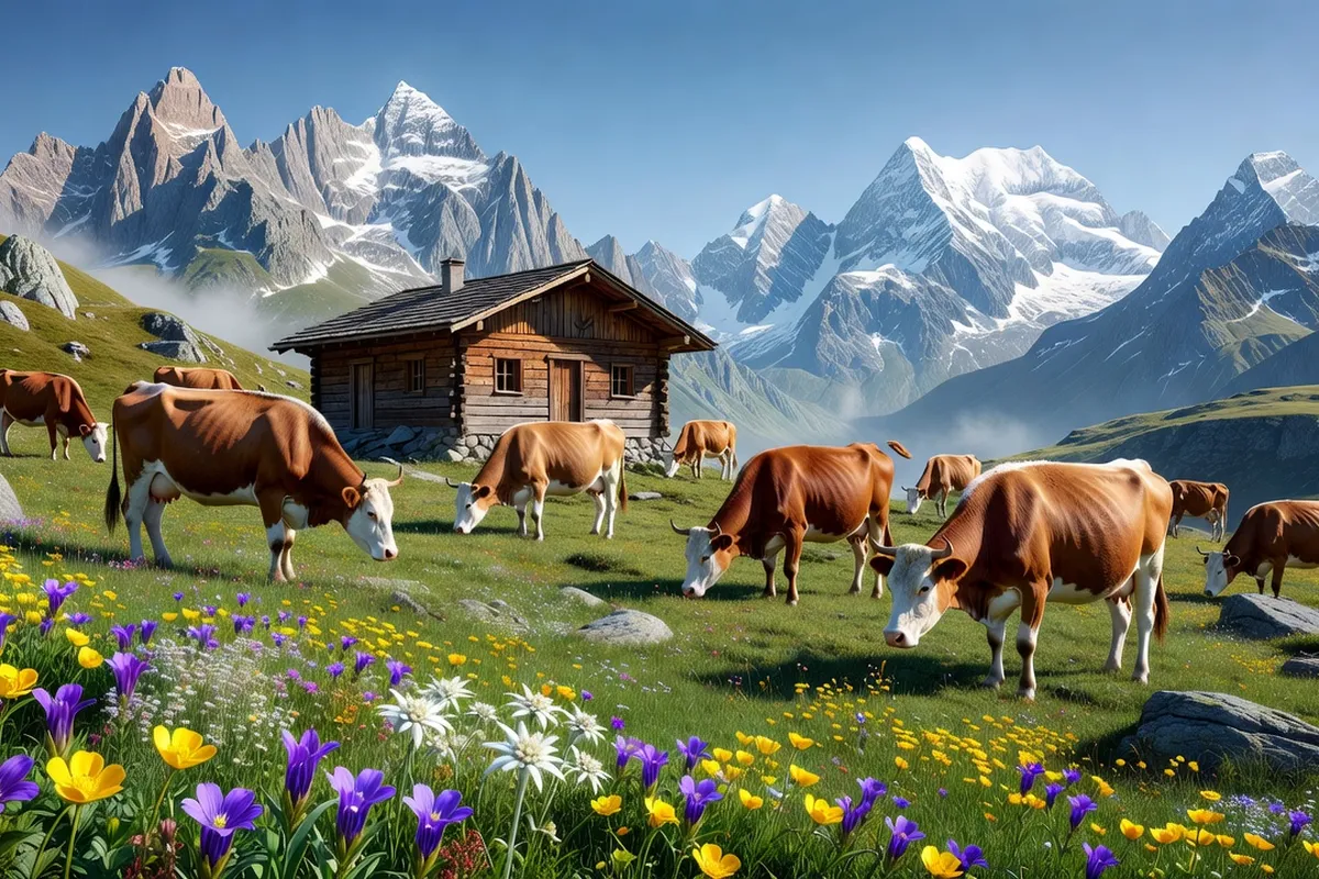 Troupeau de vaches d'Abondance à l'alpage devant un chalet de bois avec sommets alpins enneigés et prairie fleurie en arrière-plan