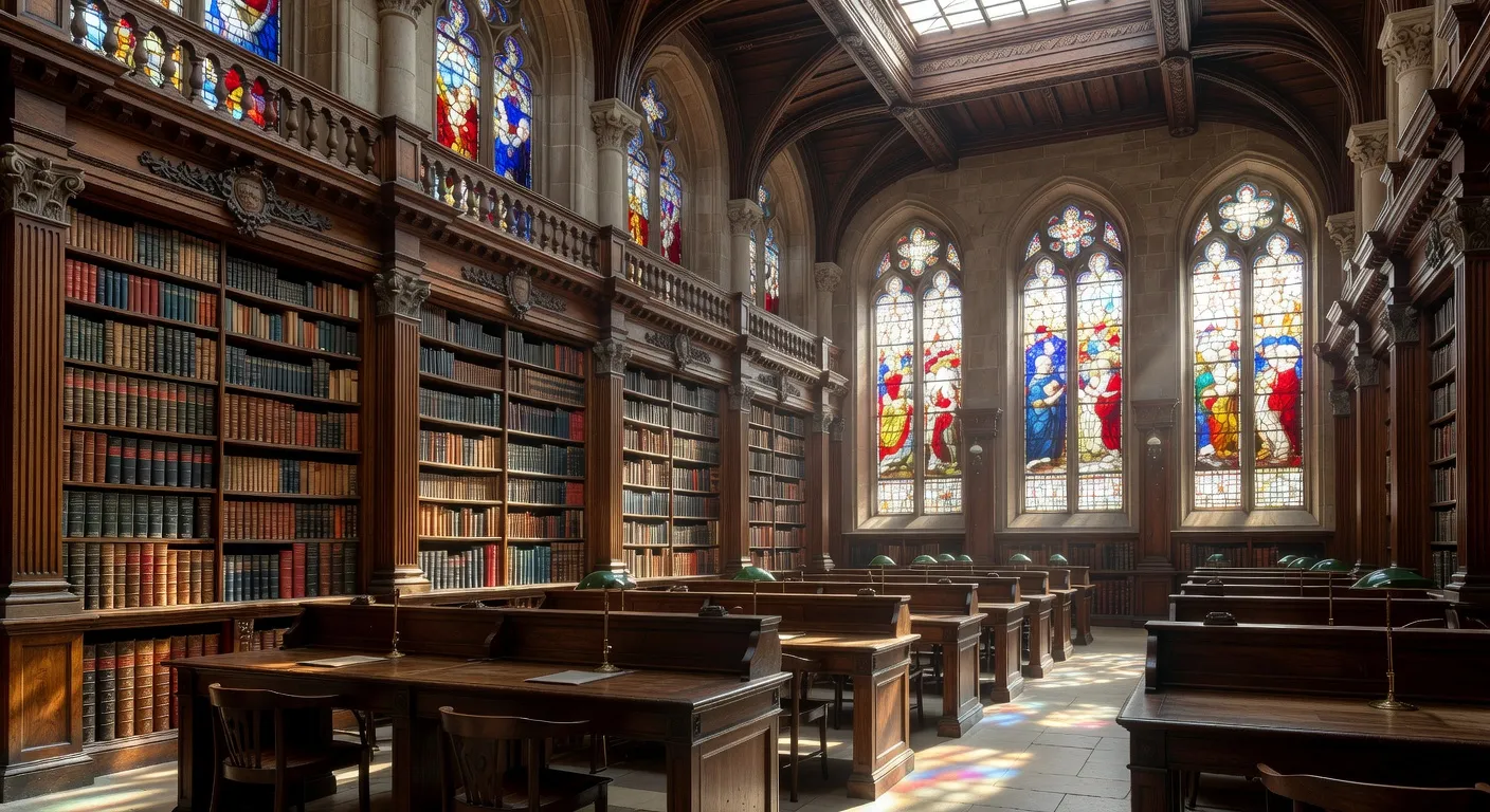 Salle de lecture d'une bibliothèque universitaire avec hauts rayonnages en bois et lumière naturelle filtrée par les vitraux