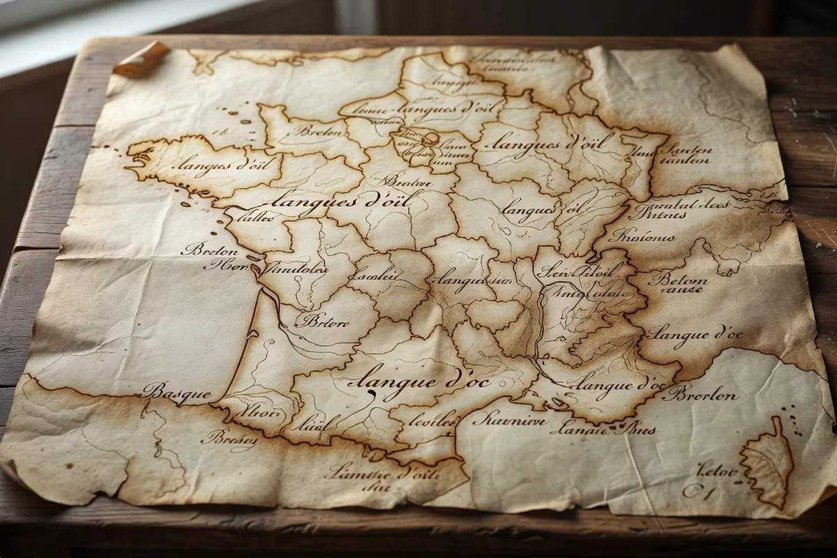 Carte linguistique ancienne de France montrant les aires des langues d'oïl, d'oc, du breton et du basque avec annotations