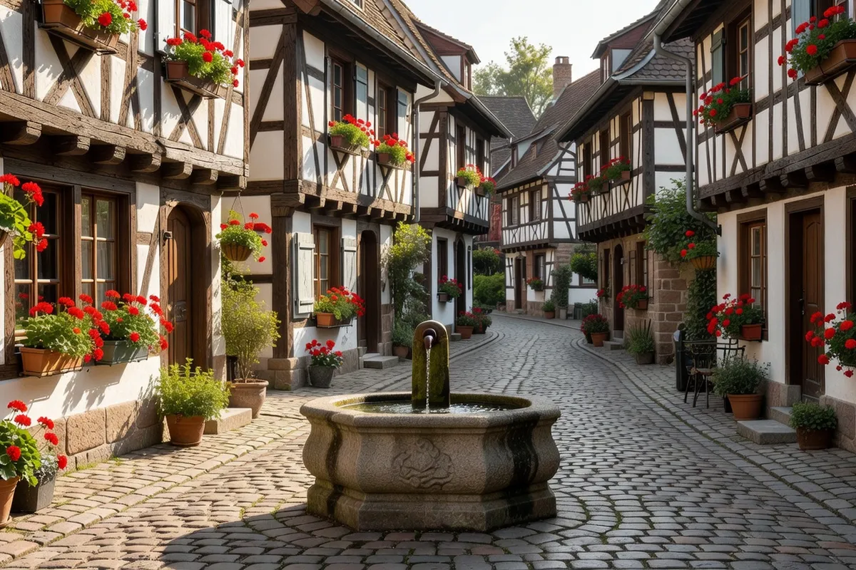 Village alsacien typique avec maisons à colombages fleuries de géraniums, fontaine ancienne et ruelle pavée en Alsace