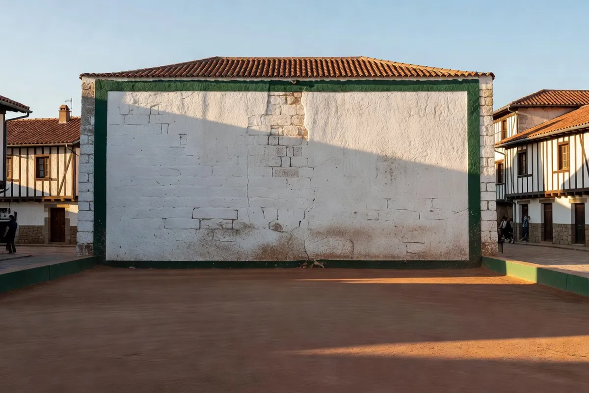 Joueurs de pelote basque devant un fronton blanc de village avec spectateurs sur les gradins de pierre