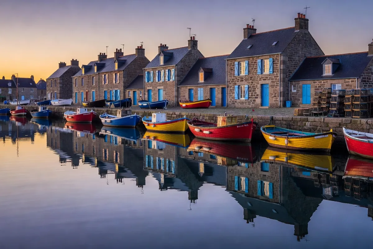 Port de pêche breton au crépuscule avec bateaux colorés amarrés, casiers à crustacés et maisons de granit aux volets bleus