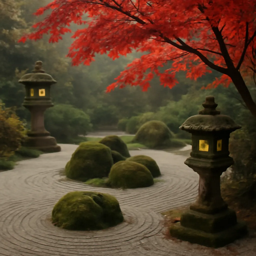 Jardin zen japonais avec pierres et mousse, lanternes de pierre, ambiance silencieuse et sereine