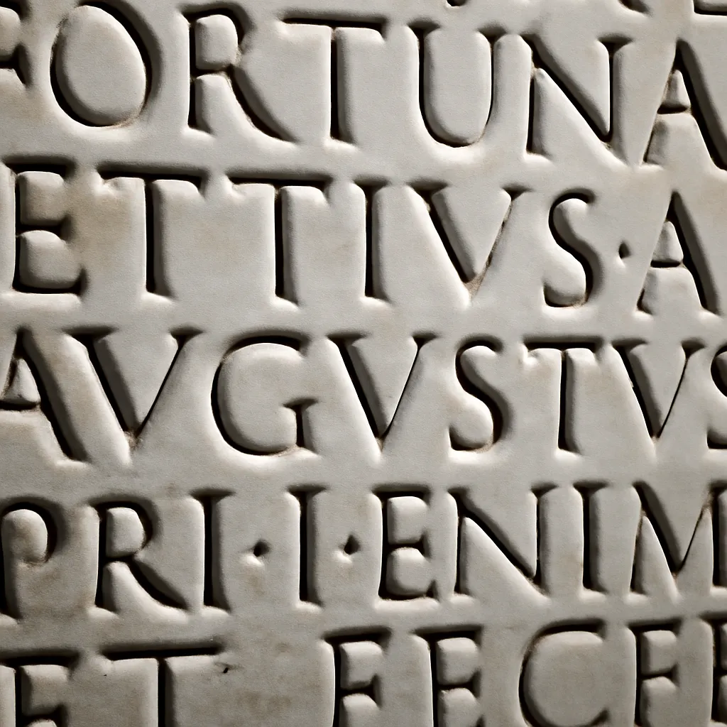 Inscription latine gravée dans le marbre blanc d'un musée romain, lettres capitales en relief dans la lumière rasante
