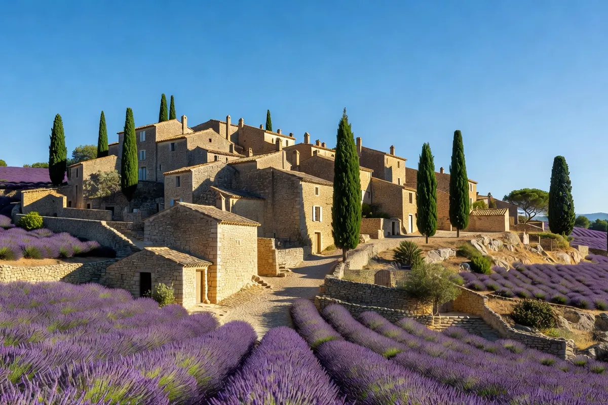 Village perché de Provence aux toits de tuiles romanes baigné de lumière dorée avec champ de lavande et cigales au premier plan