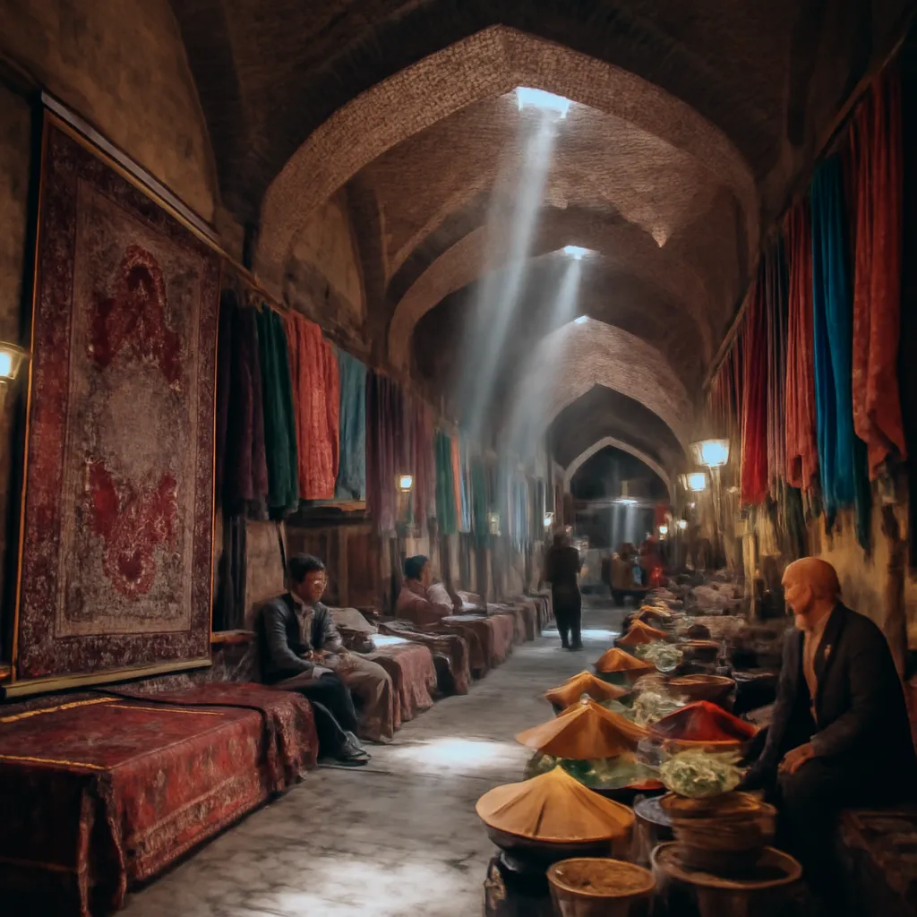 Bazar couvert de Téhéran ou d'Ispahan avec lumière zénithale, marchands et tapis colorés dans une architecture de voûtes
