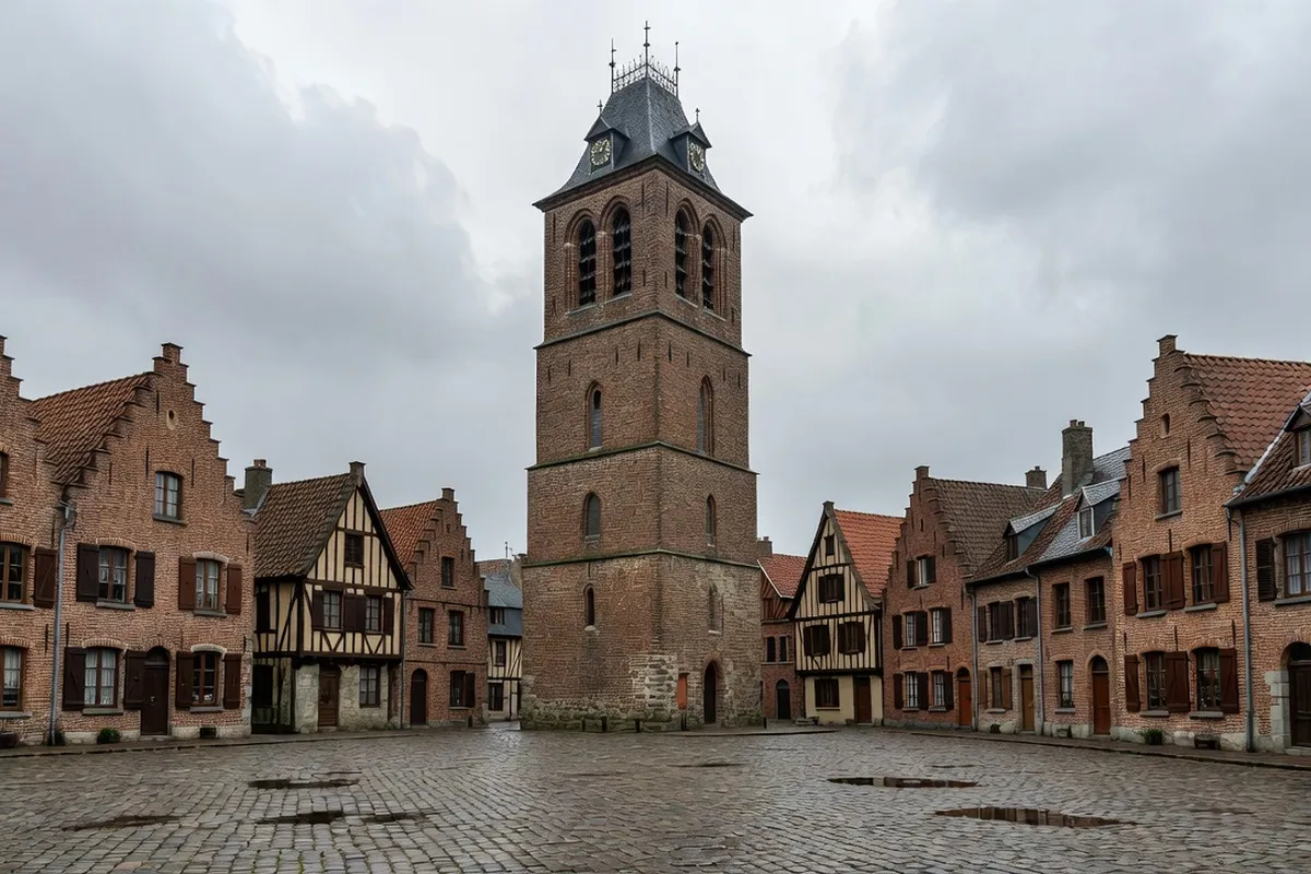 Beffroi de brique du Nord sous un ciel gris avec maisons de mineurs en corons et pavés humides au premier plan