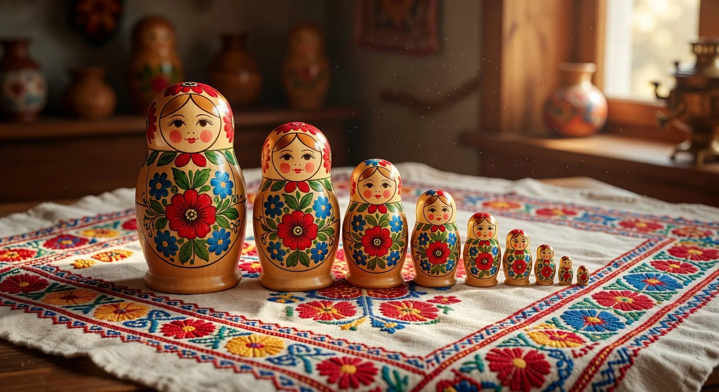 Matriochkas russes en bois peint aux motifs floraux traditionnels, disposées en rangée décroissante sur tissu brodé