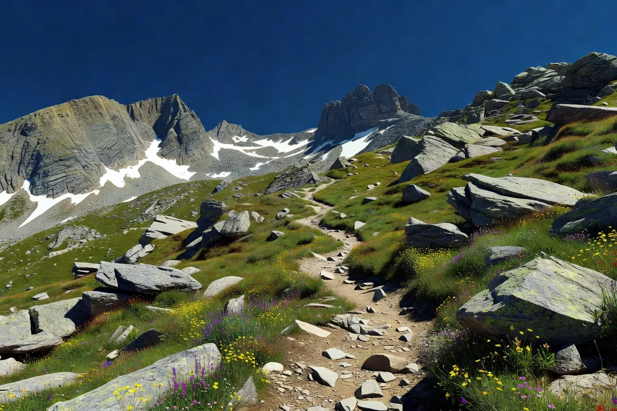 Sentier de randonnée alpin serpentant entre rochers et pâturages vers un col de montagne avec névés et ciel bleu profond