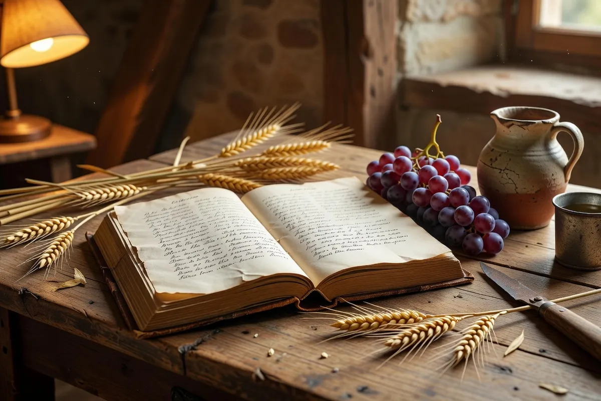 Vieux livre ouvert de proverbes régionaux posé sur une table en bois avec épis de blé, grappe de raisin et objets du patrimoine rural français